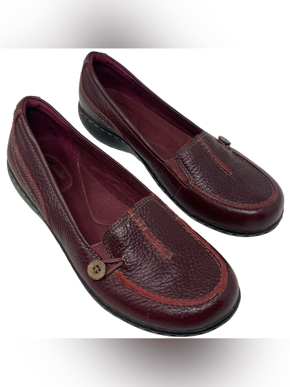 Clarks Women’s 8M Burgundy Leather Button Slip-On Comfort Loafers Shoes